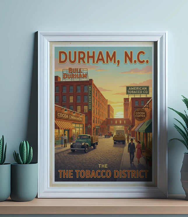 Vintage poster of Durham, N.C. showing tobacco buildings with "Bull Durham" signs.