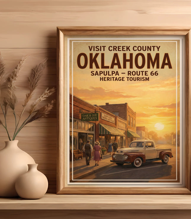 Vintage poster showing Creek County, Oklahoma, Sapulpa, Route 66 heritage tourism.