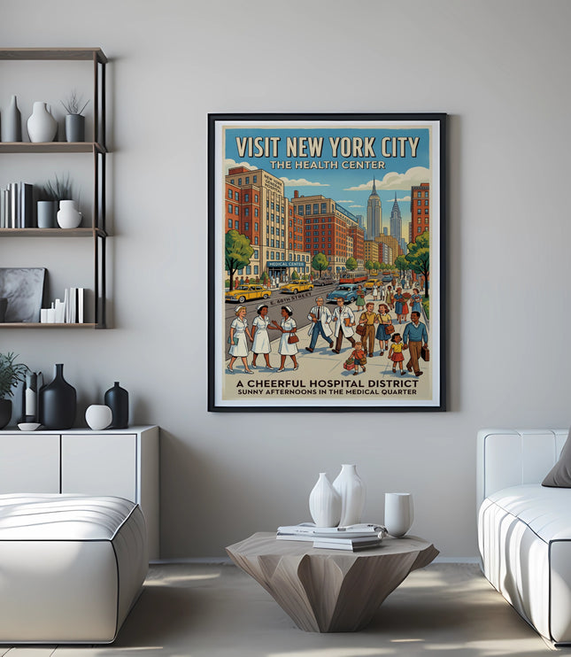 Vintage "Visit New York City The Health Center" poster showing medical buildings and street scene.