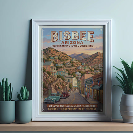 Bisbee Arizona retro poster showing historic mining town, Queen Mine, and street scene.