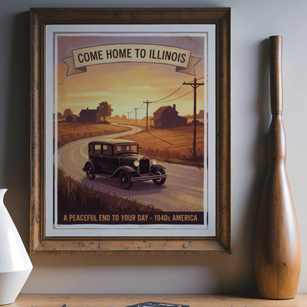 Vintage "Come Home to Illinois" poster with car driving on a road.