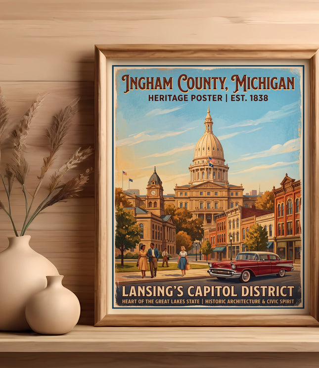 Ingham County, Michigan heritage poster featuring Lansing's Capitol District.