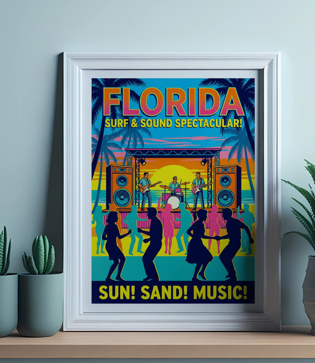 Florida Surf & Sound Spectacular poster with band and dancers, text "SUN! SAND! MUSIC!".