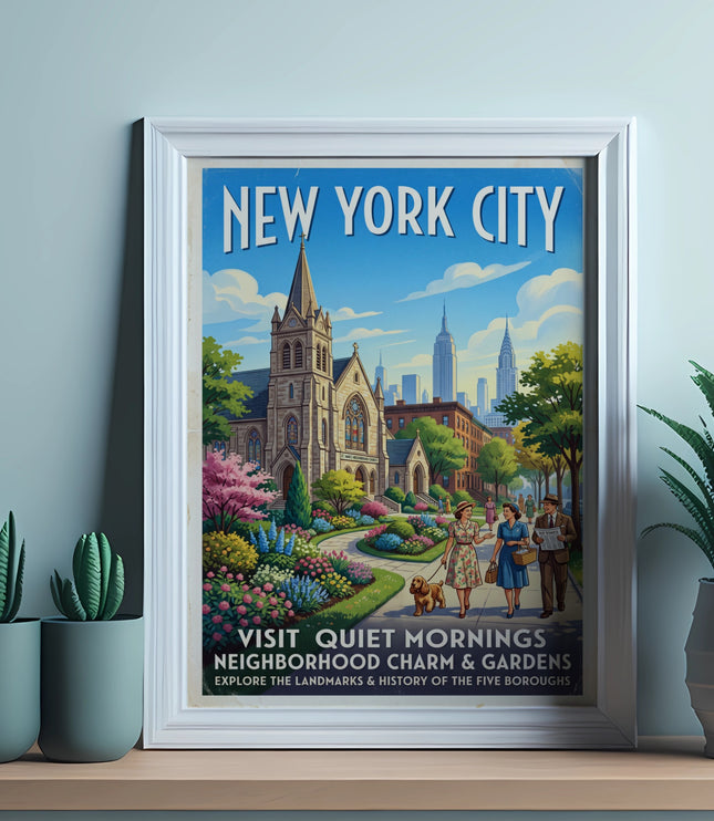 New York City poster with church and skyline, reading "Visit Quiet Mornings Neighborhood Charm & Gardens."
