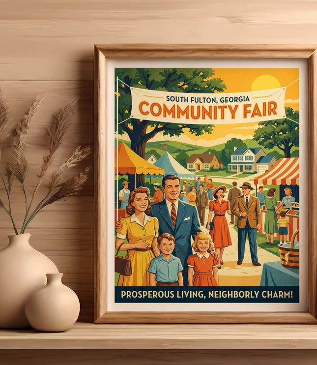 South Fulton, Georgia Community Fair poster with happy families and vendors.