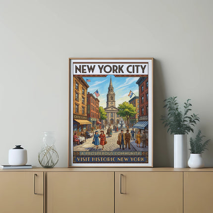 New York City illustration with historic buildings, people, and text "Visit Historic New York".