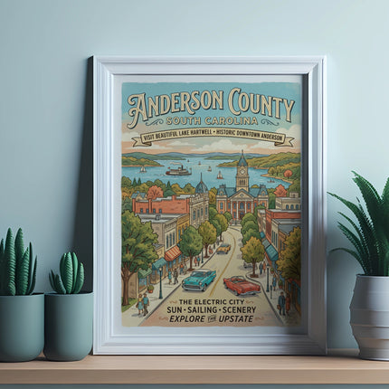 Anderson County South Carolina vintage travel poster art with downtown scene.