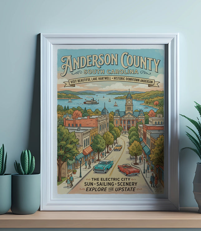 Anderson County South Carolina vintage travel poster art with downtown scene.