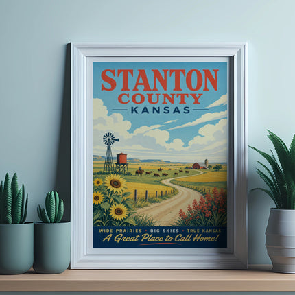 Stanton County, Kansas vintage travel poster with prairie scene and text.