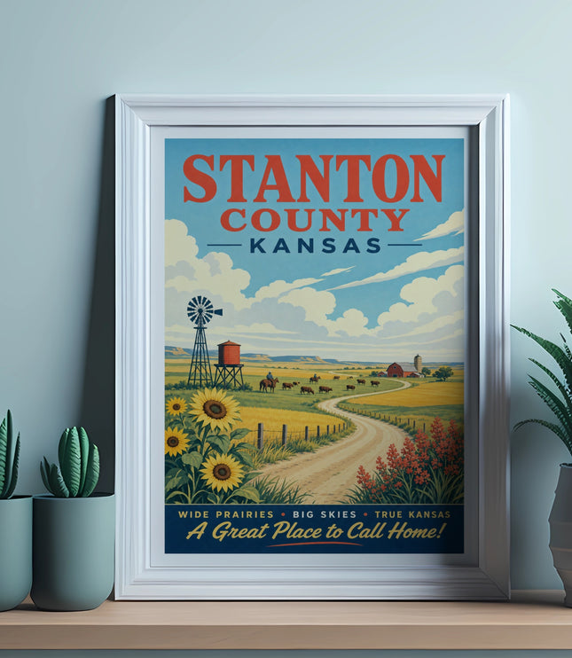 Stanton County, Kansas vintage travel poster with prairie scene and text.