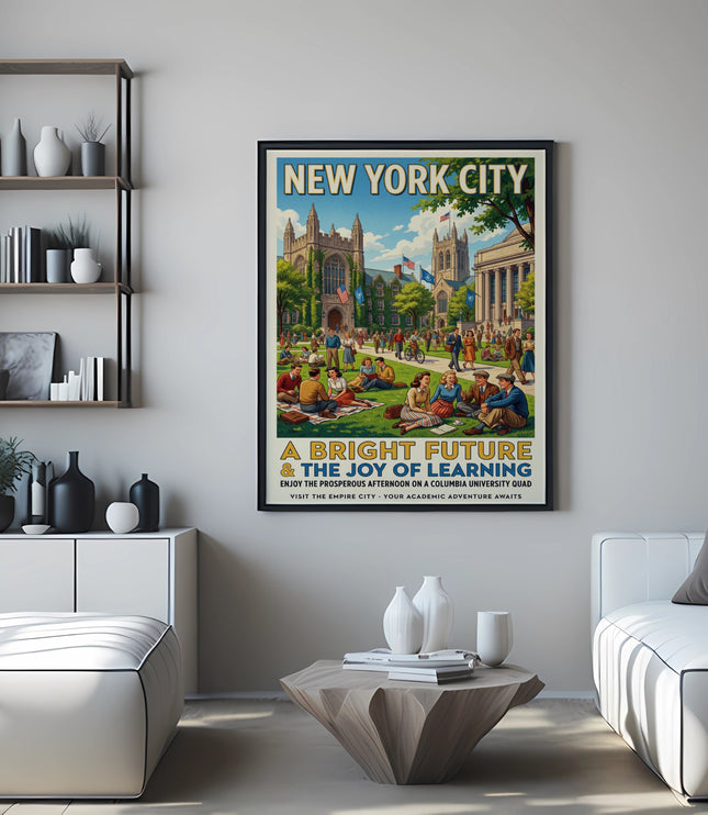 New York City poster depicts a university quad with students and text.