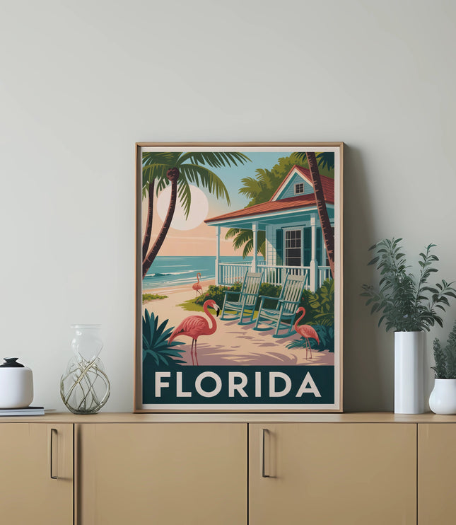 Florida travel poster with flamingos, beach house, palm trees, and text FLORDIA.