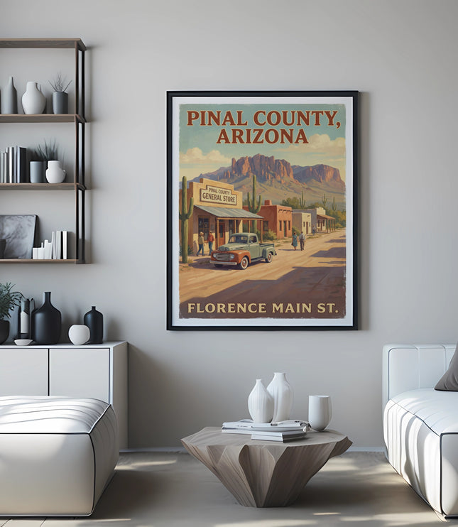Vintage poster with "Pinal County, Arizona" and "Florence Main St." text.