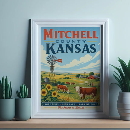 Mitchell County Kansas poster with cows, sunflowers, and text.