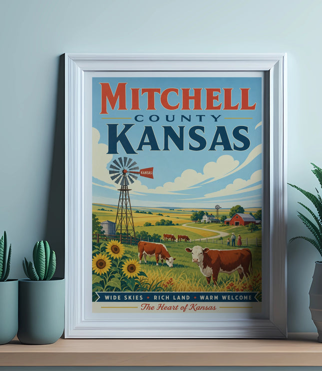 Mitchell County Kansas poster with cows, sunflowers, and text.