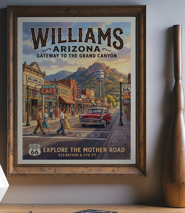 Williams Arizona Route 66 vintage travel poster featuring a street scene, red car, and mountains.