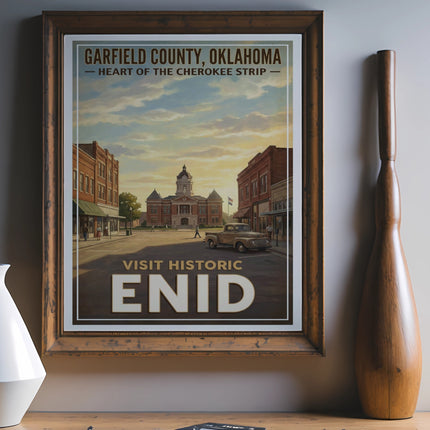 Poster of Garfield County, Oklahoma, heart of Cherokee Strip, Visit Historic Enid.