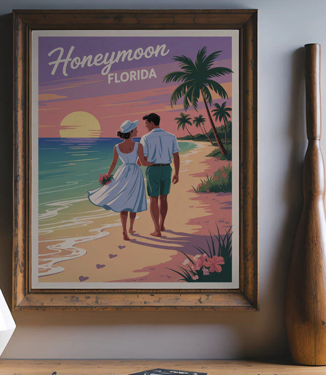 Vintage Honeymoon Florida travel poster with couple walking on beach at sunset.