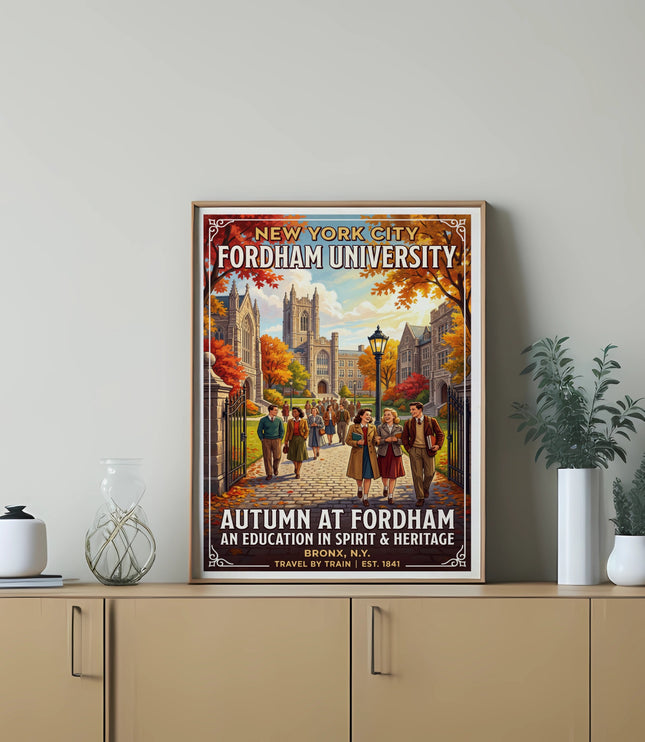 Fordham University poster with students walking on campus in autumn, including text.