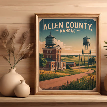 Framed print of Allen County, Kansas, featuring a water tower and rural buildings.