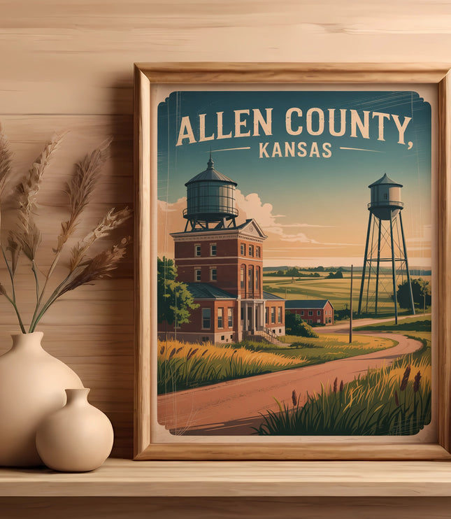 Framed print of Allen County, Kansas, featuring a water tower and rural buildings.