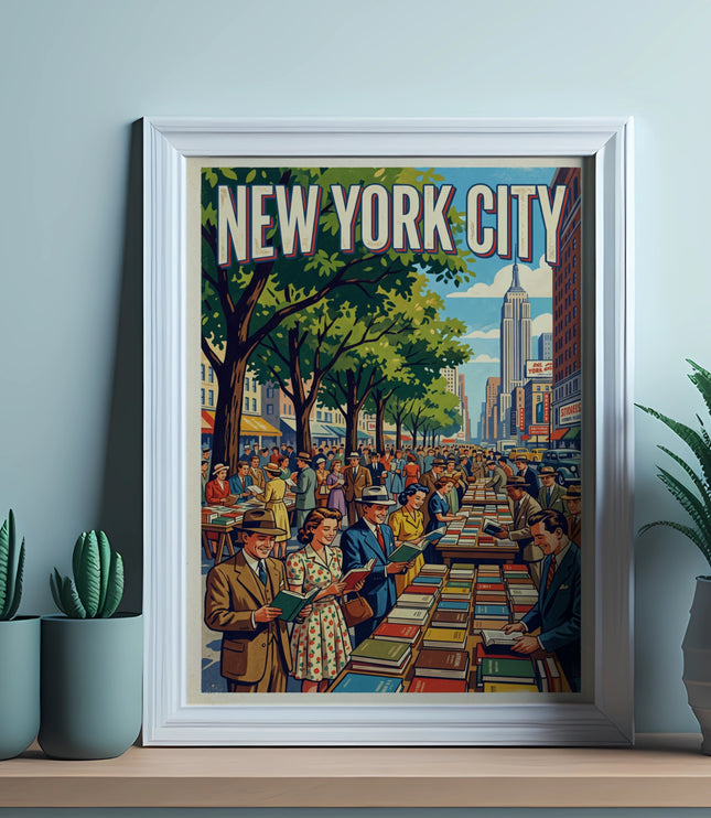 Vintage "New York City" poster depicting people browsing books with Empire State Building in background.