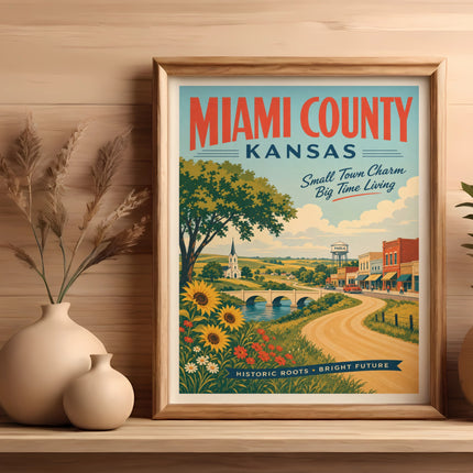 Miami County, Kansas vintage travel poster with Paola town scene.