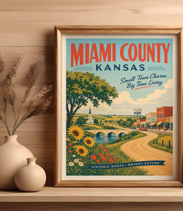 Miami County, Kansas vintage travel poster with Paola town scene.