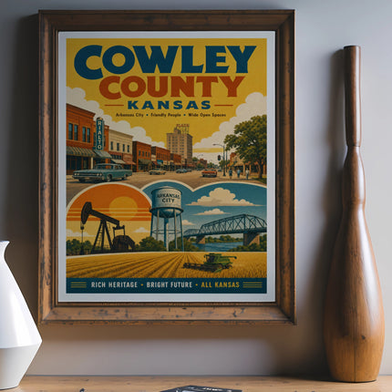 Cowley County, Kansas vintage travel poster with cityscape and rural elements.