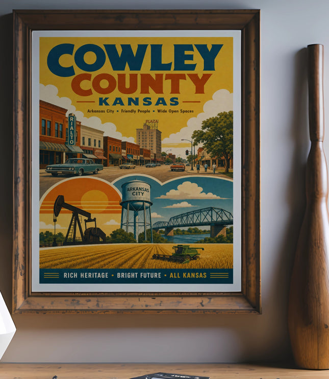 Cowley County, Kansas vintage travel poster with cityscape and rural elements.