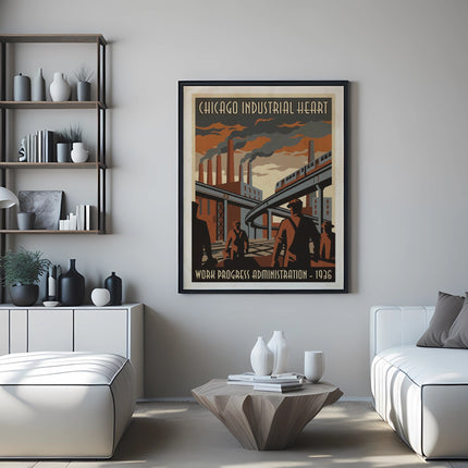 Framed "Chicago Industrial Heart - 1936 Work Progress Administration" poster above a white couch.