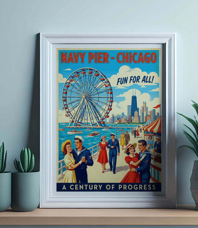 Navy Pier-Chicago poster with Ferris wheel, skyline, and dancing couples. "Fun for All!"