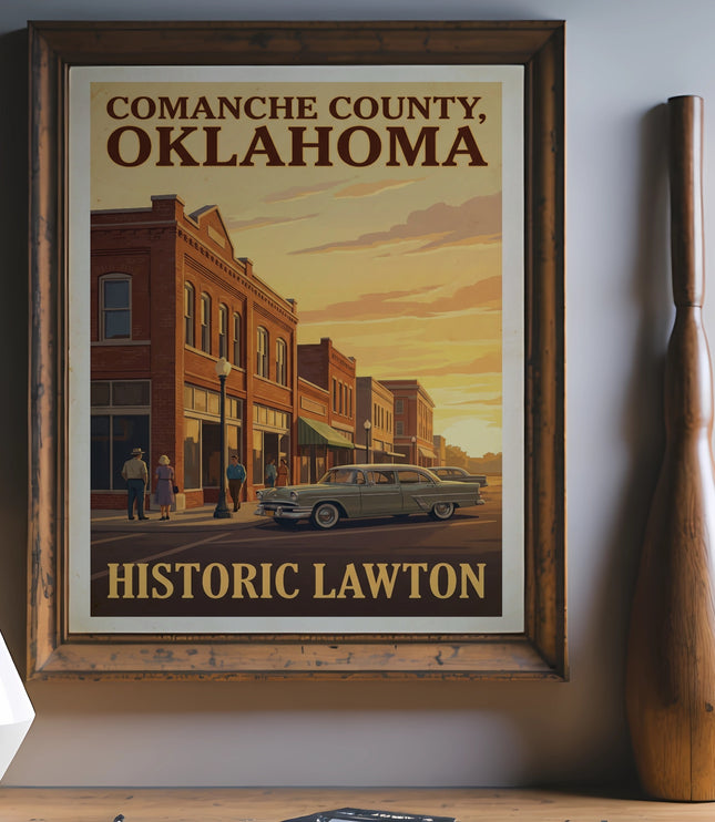 Comanche County, Oklahoma Historic Lawton vintage travel poster in a wooden frame.