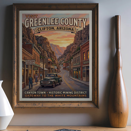 Visit Greenlee County Clifton Arizona vintage poster with truck and buildings.