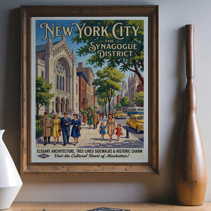 New York City Synagogue District vintage travel poster with 1940s scene.