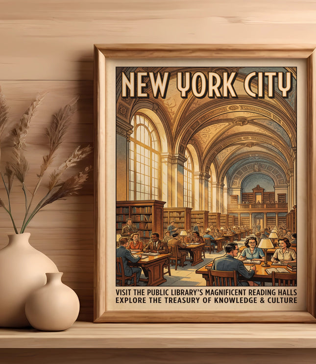 New York City poster showing people in a grand library reading hall.