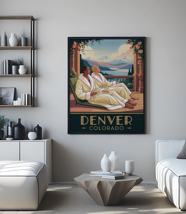 Poster of a couple in robes on a balcony overlooking mountains, with Denver text.