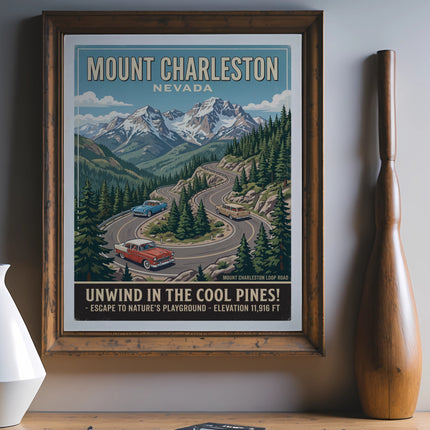 Mount Charleston, Nevada vintage travel poster with winding roads and cars.