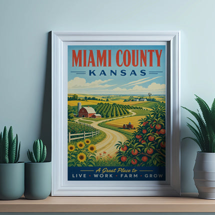 Vintage travel poster of Miami County, Kansas, with farm and orchard scenes.