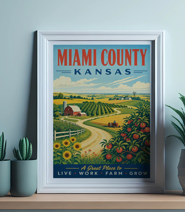 Vintage travel poster of Miami County, Kansas, with farm and orchard scenes.