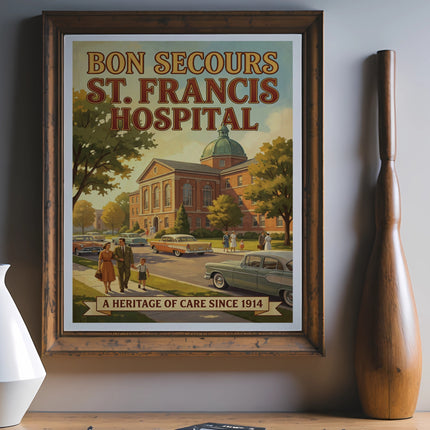 Bon Secours St. Francis Hospital heritage of care since 1914 vintage poster.