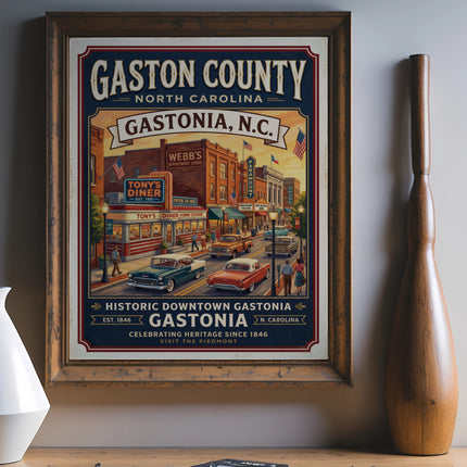 Framed poster of historic downtown Gastonia, North Carolina with vintage cars and diners.