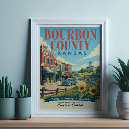 Bourbon County Kansas vintage poster with sun, car, and cityscape.