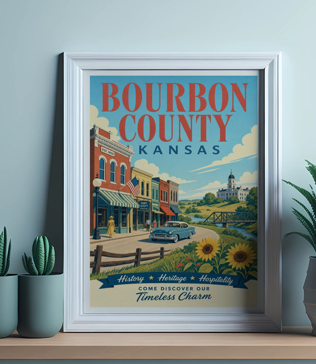 Bourbon County Kansas vintage poster with sun, car, and cityscape.