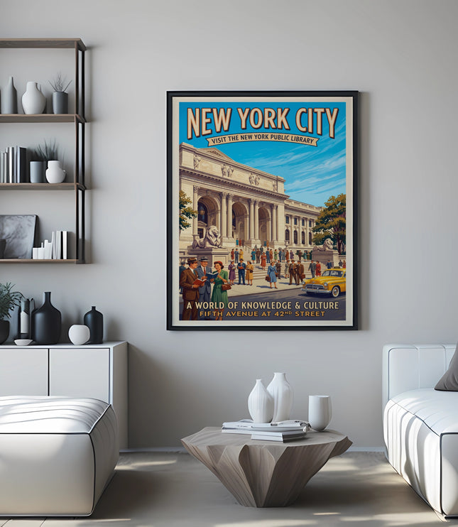New York City vintage poster featuring the Public Library on Fifth Avenue.