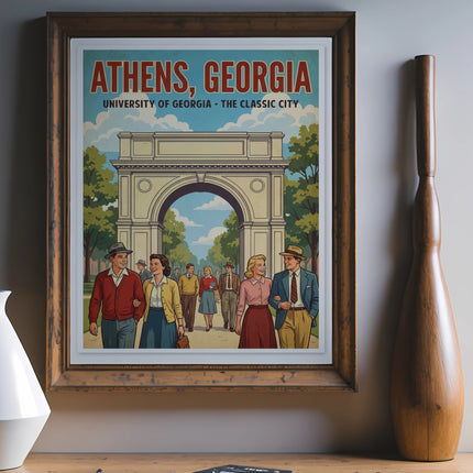 Vintage poster of Athens, Georgia with arch and people walking.
