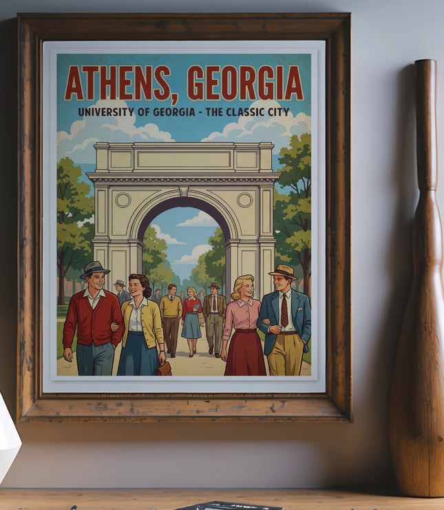 Vintage poster of Athens, Georgia with arch and people walking.