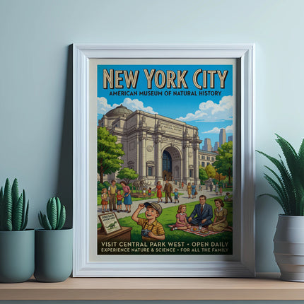 New York City American Museum of Natural History poster, featuring dinosaurs.