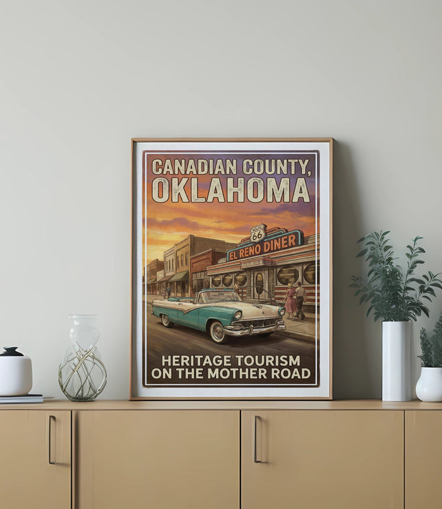 Poster of Canadian County, Oklahoma, featuring a vintage car, diner, and Route 66.