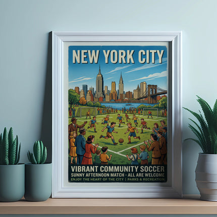 New York City soccer poster with city skyline and people playing.
